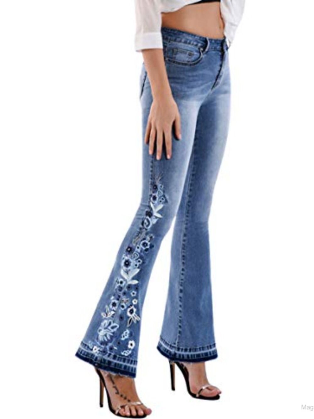 Women's Embroidered High-Rise Bell Bottom Flare Jeans with Stretch Denim
